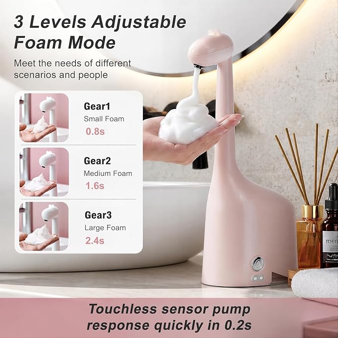 Automatic Soap Dispenser,Cute Dinosaur, Touchless, Rechargeable Foaming Soap Dispenser, 10oz/300ml, 3-Level Adjustable Foam, IPX5 Waterproof for Bathroom, Kitchen, Hotel,Restaurant, Pink