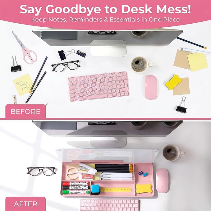 Chalkola Pink Glass Desktop Whiteboard with Storage - Dry Erase Board, Work Desk Organizers, Computer Keyboard Stand, Home Office Desk Accessories, Workspace Desktop Buddy
