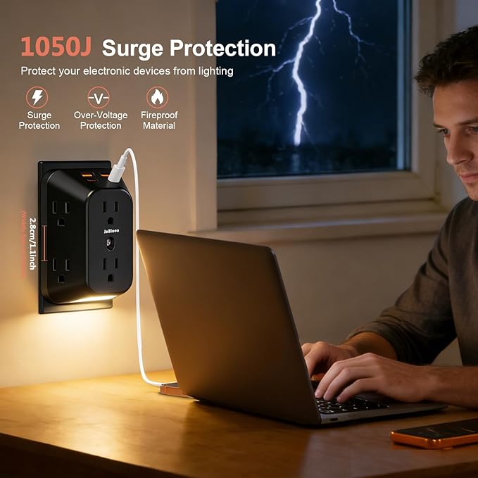Multi Plug Outlet Surge Protector with Night Light, 6 Outlet Splitter with 4 USB Ports (2 USB C), 4 Sided 1050j Surge Protector Power Strip for Home Office Dorm Essentials-Black