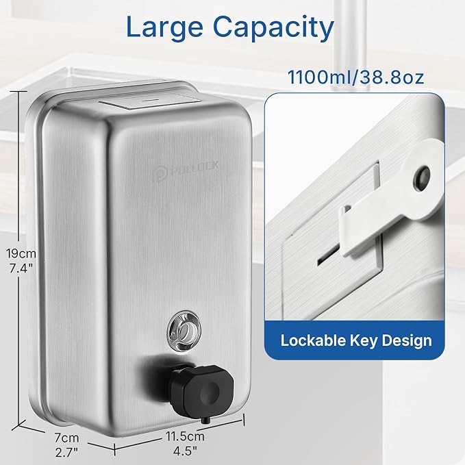 Commercial Soap Dispenser Wall Mounted, 37oz Stainless Steel Hand Soap Dsipenser, Liquid Manual Anti-Leak Pump Soap Dispenser, Rust-Proof Lining Liquid Hand Sanitizer Dispenser for Bathroom