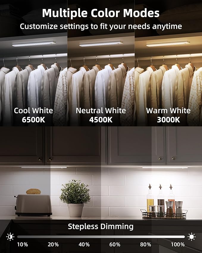 10inch Under Cabinet Lights, Wireless Closet Light, Motion Sensor, 1800mAh Rechargeable Battery, Magnetic, 3 Color Temps, 5 Levels Dimmable, Under Counter Lights for Kitchen (2 Pack)