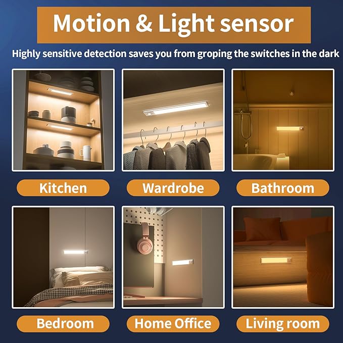Under Cabinet Lights,76 LED Operated Motion Sensor Light Indoor,1500mAh USB Rechargeable Closet Lights, 6 Pack Magnetic Dimmable Closet Lights，Wireless Under Counter Lights for Kitchen, Stairs.