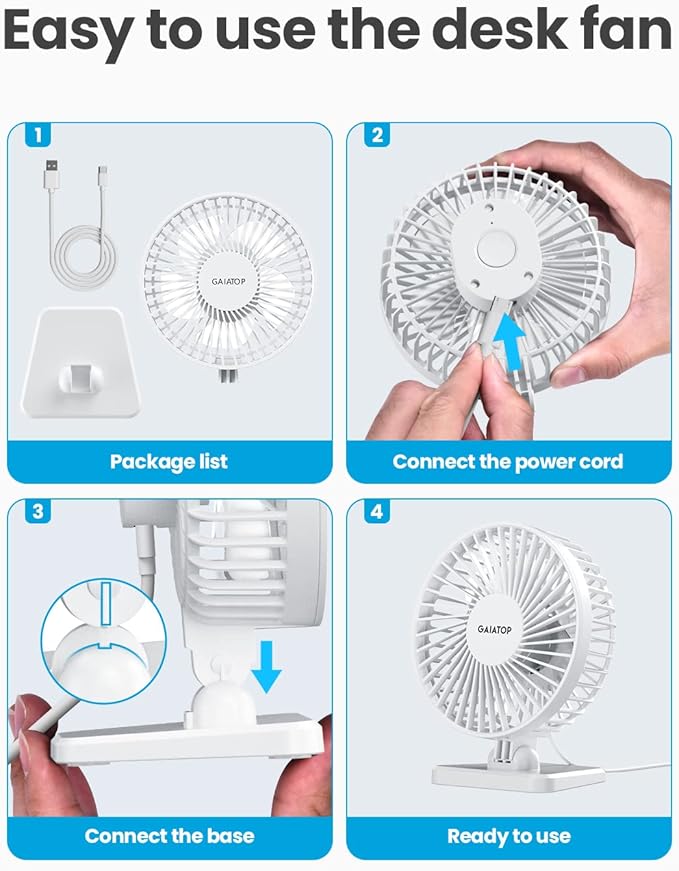 Gaiatop USB Desk Fan, Small But Powerful, Personal Portable Quiet 3 Speeds, Adjustable Mini Table Desktop fan for Cooling Home Office Car Summer Travel Gifts White