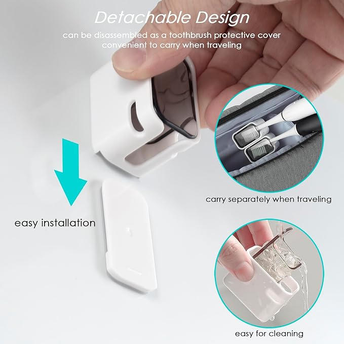 2PCS Toothbrush Holder Wall Mounted for Bathroom with Cover for Shower - with Toothpaste Clip - Single Slot Toothbrush Dispenser Storage Organizer for Travel with Detachable Design