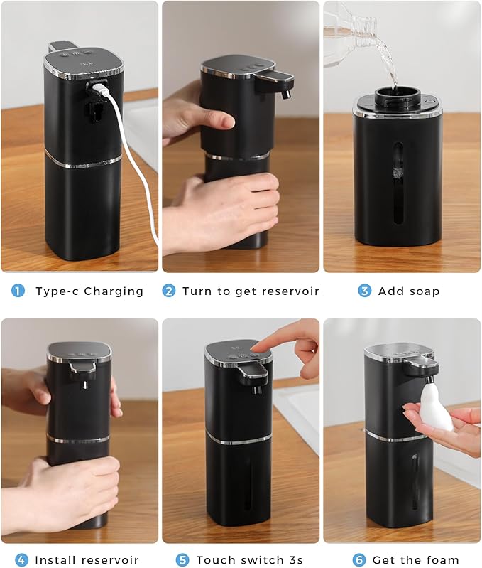 Automatic Foaming Soap Dispenser Touchless, USB Rechargeable Smart Hand Soap Dispenser, 9-Level Adjustable, 13.5oz/400mL,IPX5 Waterproof, Wall/Tabletop Kitchen Bathroom, Black