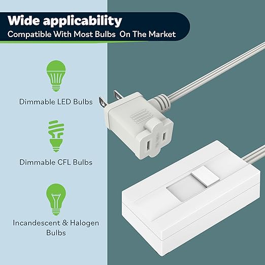 TOPGREENER Table-Top Plug in Dimmer for Table or Floor Lamps, Slide Control, Works with 360 Watt Incandescent/Halogen and 150 Watt Dimmable CFL/LED, Off at Lowest dim, 6ft Cord, TGTTDL300-W, White