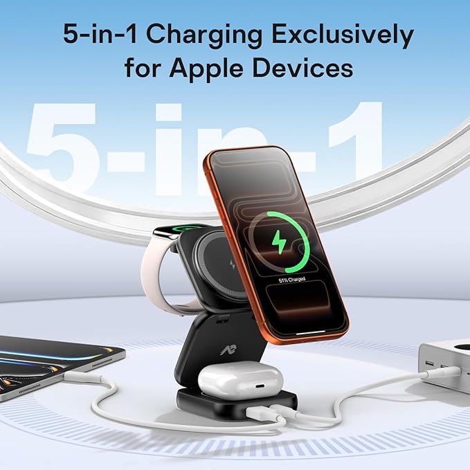 5-in-1 Wireless Charger for MagSafe, AC ISLAND Portable Travel Charging Station, 35W Max Qi2 Fast Foldable Magnetic Stand, Evolved for iPhone 17-12 Series, Apple Watch, AirPods (with 35W Adapter)