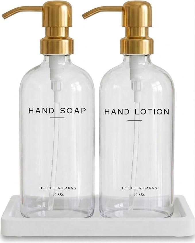 Luxury Glass Soap Dispenser Bathroom Set by Brighter Barns - Refillable Liquid Hand Soap and Lotion Dispenser Set with Tray and Pump - Gold Bathroom Decor for Guest House, Modern Airbnb (Clear/Gold)