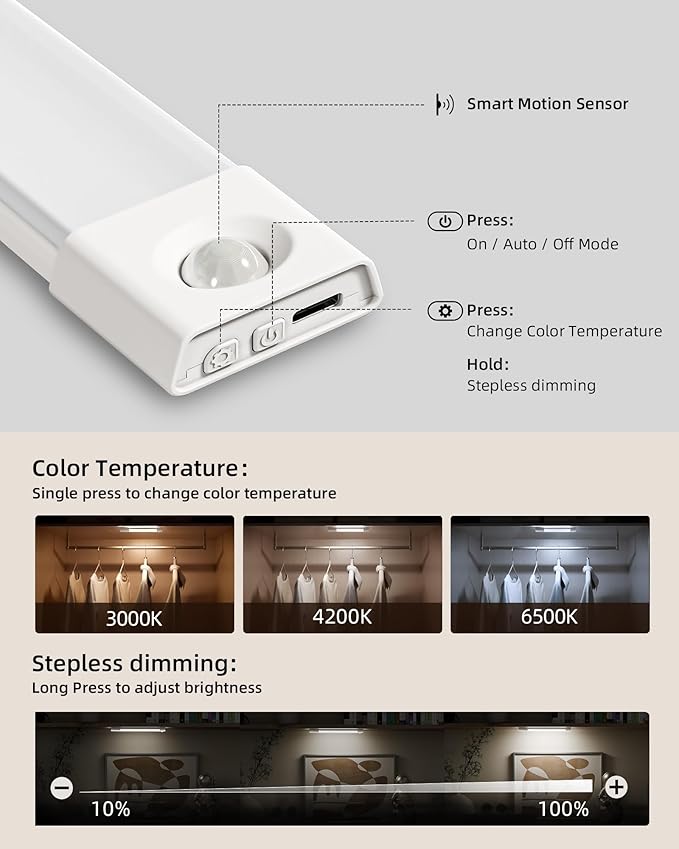 EZVALO Under Cabinet Lighting, Wireless Closet Lights, 50 LED Rechargeable Motion Sensor Light, Dimmable, 3 Color Temperatures, 11.8 inch Counter lights for Kitchen, Pantry, Bedroom, Wardrobe (3 Pack)