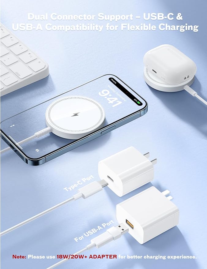 Magnetic Wireless Magsafe Charger iPhone: Charging Pad for iPhone 17/16/15/14/13/12 Series & AirPods Pro 4-2, Strong Magnet, Dual Ports, Case-Friendly, Lightweight for Travel Home Office Desk