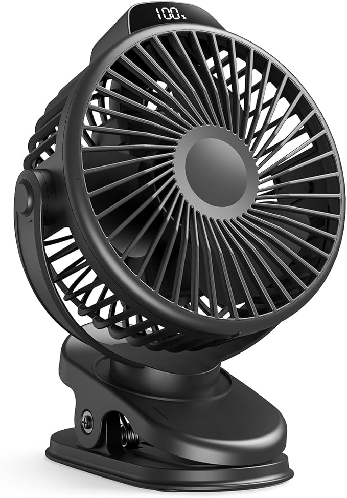 Koonie Portable Clip On Fan, Small Rechargeable Battery Operated, 3 Speed Mini clamp Fan With LED Display, 360° Rotate Personal Cooling Desk Fan for Stroller Bed Travel Camping Golf Gym
