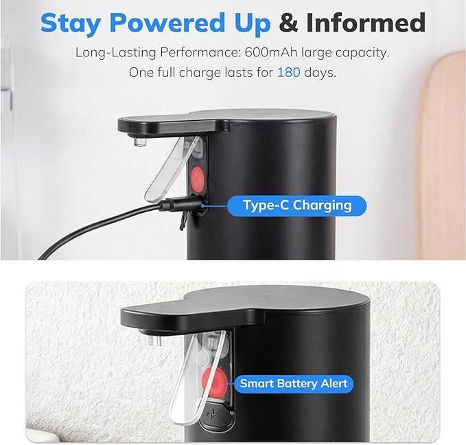 Umimile Electric Dish Soap Dispenser for Kitchen and Bathroom, 2 Mode Liquid Hand Soap Dispenser, 11.8oz Rechargeable with Type-C, IPX7 Waterproof (Black)