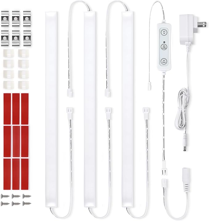Litever Under Cabinet Lighting Set Plug in, 3 pcs 12 Inches LED Light Bars. Super Bright Dimmable Linkable for Kitchen Undercabinet Counter Top Shelf Pantry Closet Display Lighting. Warm White 3000K