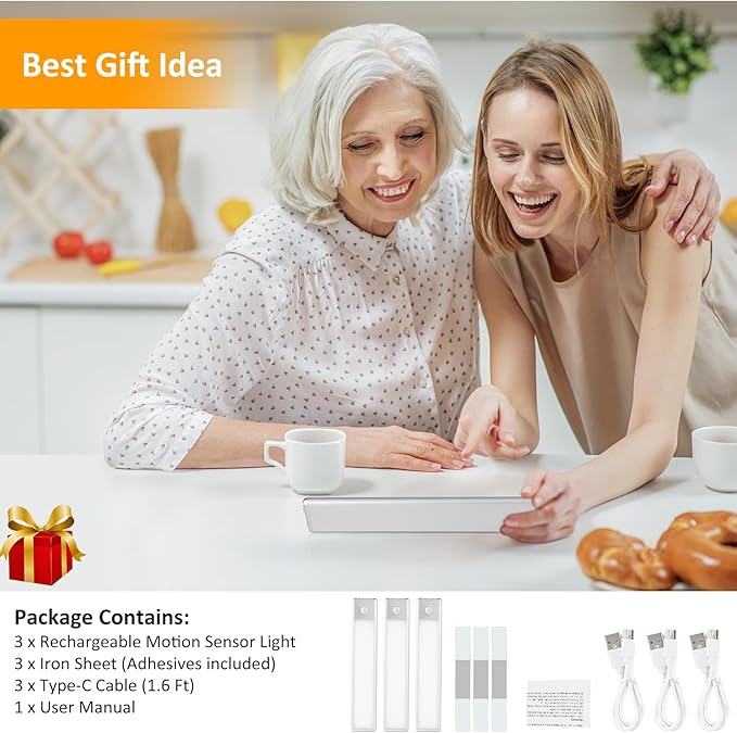 30-LED Motion Sensor Under Cabinet Lighting, 8-inch Magnetic Rechargeable Under Counter Closet Lights, Wireless Light Bar, 3-Pack, Warm White