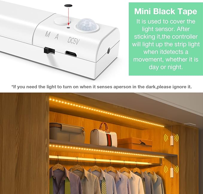 WOBANE Dual Motion Sensor Under Bed Lights,Rechargeable 16.4ft LED Light Strip,Battery Powered Tape Light for Shelves,Cabinet,Anywhere,PIR Detector,Cuttable,Flexible,2700K Warm White