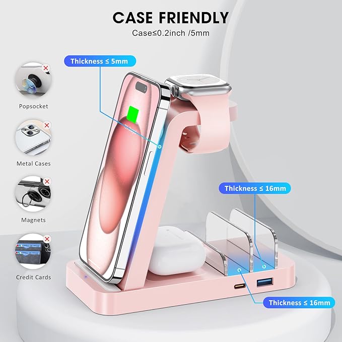 GAUOLN Wireless Charger for iPhone - 5 in 1 Charging Station for Multiple Devices Apple: Wireless Charging Stand Dock for iPhone 17 16e 16 15 14 13 12 Pro Max Apple Watch Airpods