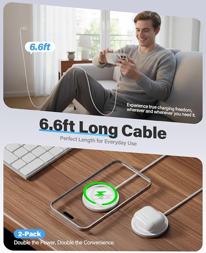 2Pack Magnetic Wireless Charger 25W Fast Charger for iPhone 17/16/15/14/13/12 Series & AirPods, Portable Wireless Charging Pad for Travel Home Office Desk, 6.6FT-White with Plugs