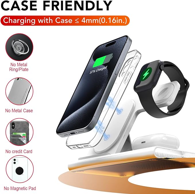 3 in 1 Foldable Charging Station for Apple Products,Wireless Charger for iPhone 17 16 15 14 13 12 Pro Max,Travel Dock Adapter&Light for iWatch Series 11 10 9 Ultra 3/2 SE 3/2,for AirPods 4 3 2 Pro 3/2