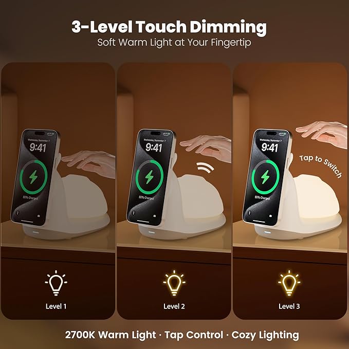 Magnetic Wireless Charger Stand for iPhone: 15W Fast Charging Desk with Night Light for Kids Mag Safe iPhone 17 16e 16 15 14 13 12 Pro Max - Cute Touch Lamp for Nightstand & Bedroom & Breastfeeding