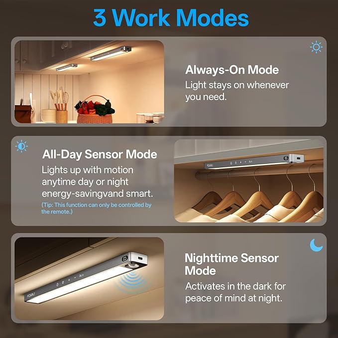 14.2inch Under Cabinet Lighting Wireless,Rechargeable Motion Sensor Light Indoor,3 Colors Dimmable,Magnetic Closet Lights with Remote,Under Counter Lights for Kitchen,Dark Gray 2Pack