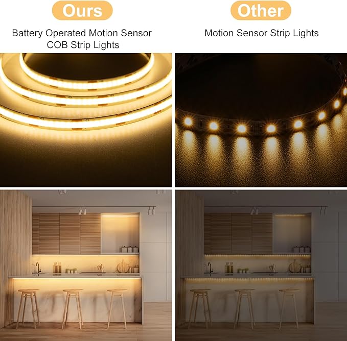 DBFAIRY 2 Pack COB Motion Sensor Strip Light Battery Operated, 6.6Ft 640 LED Cabinet Strip Lights High Bright with Sensor Lighting Mode for Wardrobe Stair Pantry Counter Cabinet Bed,2700K Warm White
