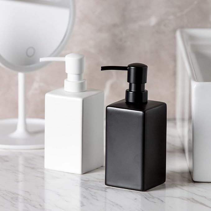 Square Matte White Soap Dispenser Ceramic Hand Soap and Lotion Dispenser for Bathroom Countertop,Dish Soap Dispenser for Kitchen-14oz.