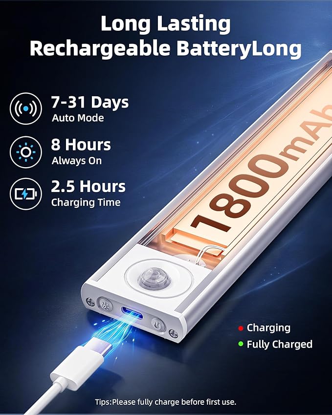 10inch Under Cabinet Lighting Wireless, 3-Pack Rechargeable Battery Motion Sensor Light Indoor, LED Closet Lights USB Charging,3 Color Dimmable Under Cabinet Lights for Kitchen, Cabinet, Wardrobe