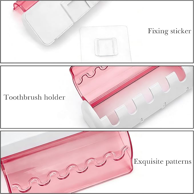 2 PCS Self Adhesive Toothbrush Holder with Cover for Bathroom, 5-Slot Wall Mounted Toothbrush Organizer Rack for Shower, Dorm, Cabinet (Pink)