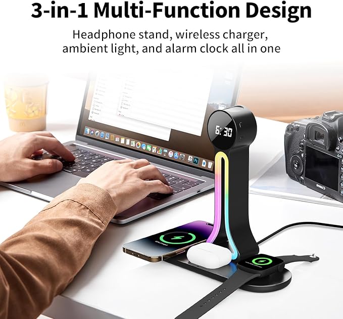 Transform Your Desk – 3-in-1 Wireless Charging Station with Headphone Stand, Dual USB Ports, 15W Fast Charger for Phone/A-irPods/A-pple Watch, RGB Light, LED Alarm Clock – Charge 5 Devices at Once