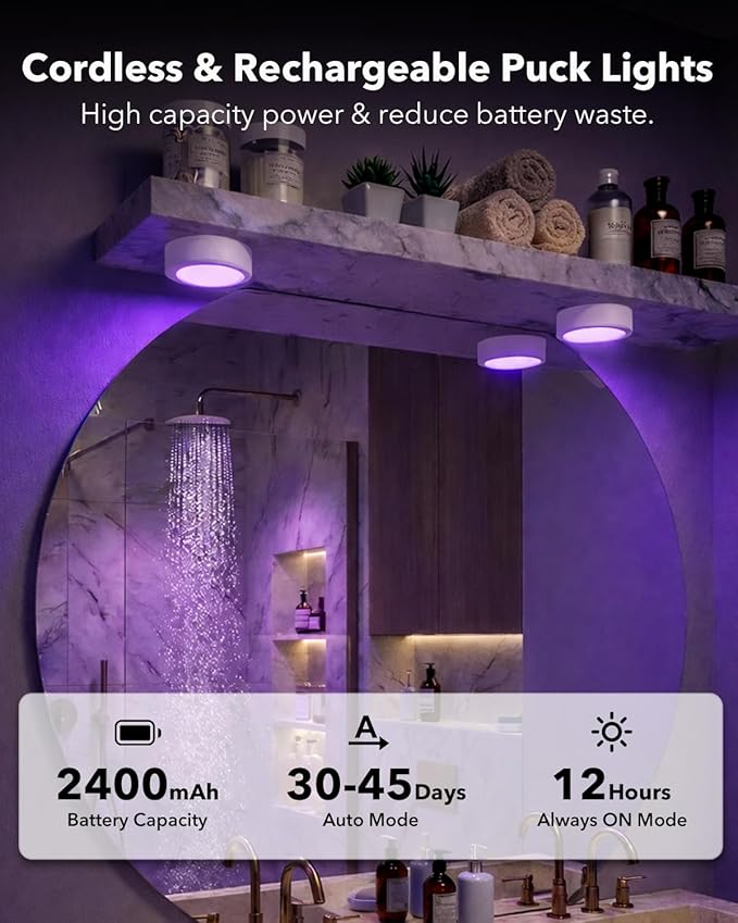 Radar Motion Sensor Puck Lights with Remote Control, RGB Rechargeable Wireless Under Cabinet Lighting for Kitchen, Magnet Stick on LED Closet Lights, Cordless Night Light for Counter, Stair, Bookshelf