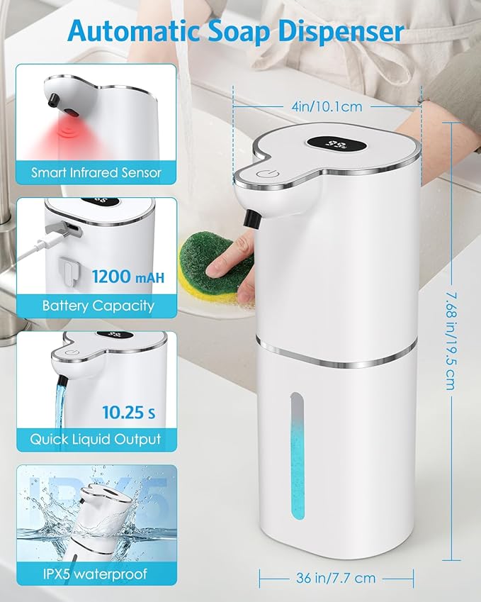 2PCS Automatic Liquid Soap Dispenser, Touchless Soap Dispenser Digital Display, Rechargeable, 6 Adjustable, 12.8oz/380ml, Waterproof, Wall Mount, Countertop for Bathroom, Kitchen Dish Soap