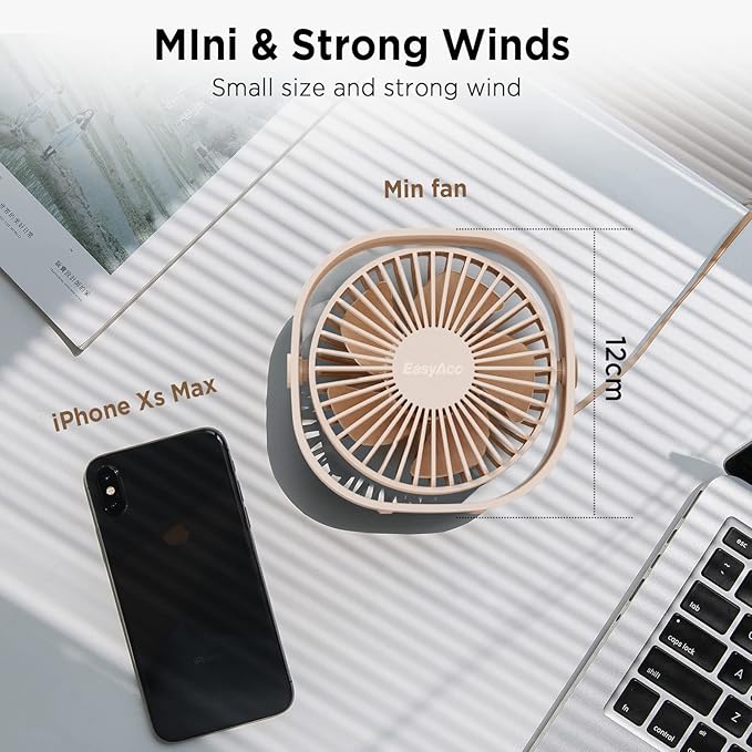 EasyAcc USB Small Desk Fan, Slumber Pod Fan [360°Rotatable &Powerful] 3 Speeds Portable Personal Table Travel Fan for Desk Cruise Ship Dorm Bedroom Office (No Battery)