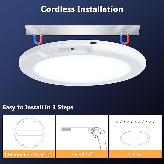maylit 2 Pack Rechargeable Ceiling Lights, Motion Sensor Lights No Wiring, Wireless Closet Lights Battery Operated, for Bathroom Laundry Room Kitchen Porch Stair Hallway Shower Pantry Garage