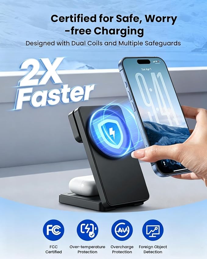 Magnetic Wireless Charging Station for Apple: Upgraded Certified 15W 3-in-1 Magsafe Wireless Charger Stand, Foldable Travel Fast Charger for iPhone 17 16 15 14 13 12 Series, Apple Watch, AirPods