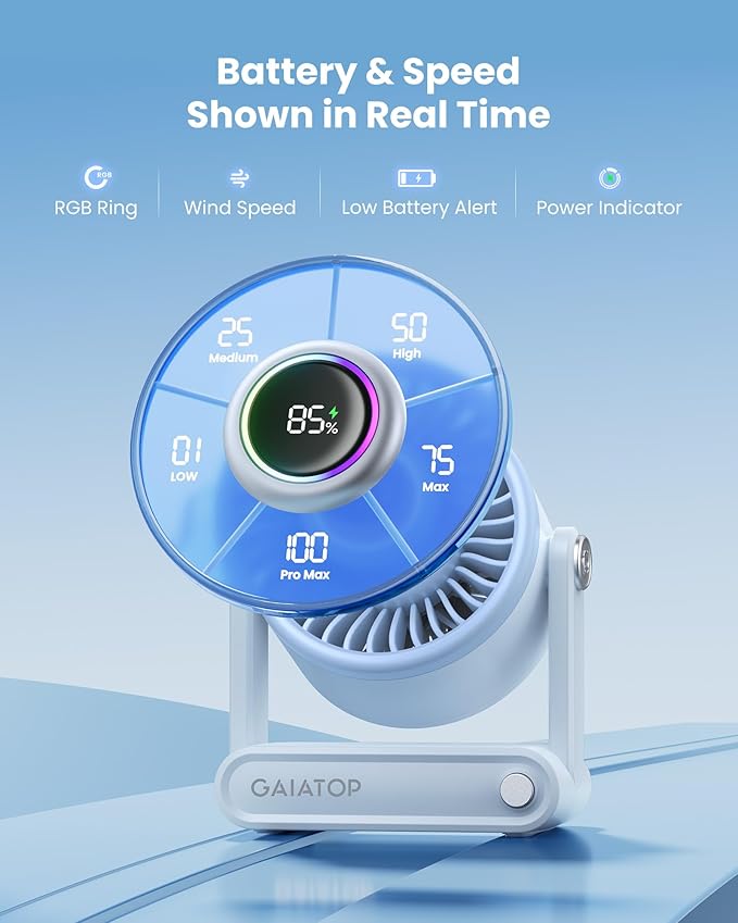 Gaiatop Portable Quiet Desk Fan, 6000mAh Rechargeable Battery Fan with RGB Ring, 18Hrs Runtime, 5-Speed Strong Wind, Bedroom Office Desk Accessories, Gifts for Women Men Teens, Blue