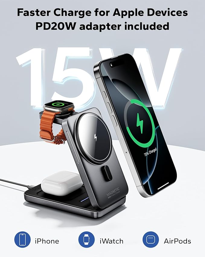 KPON Foldable 3in1 Charging Station for Magsafe, Travel Phone and Watch Charger for Apple, PD20W Wireless Charging Dock for Multiple Devices iPhone 17 16 15 14 13 12 Series/Apple Watch/Airpods