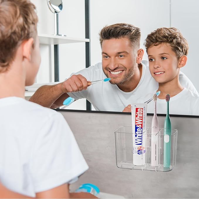 5 Slots Toothbrush Holders for Bathrooms, Wall Mounted Drill-Free Self-draining Wall Shower Holder for Toothbrush, Toothpaste, Razor, Removable for Bathroom Organizers and Storage(Clear)