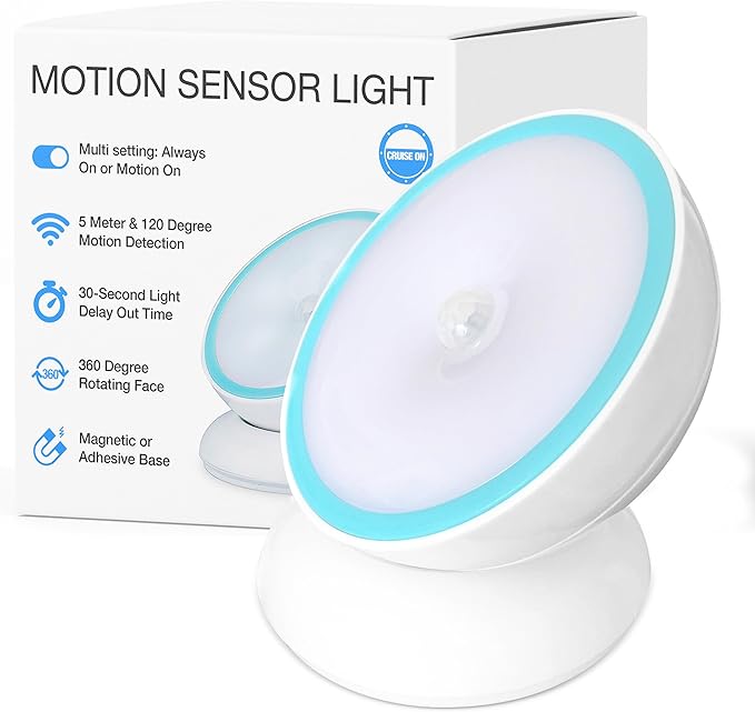 Cruise On Motion-Activated Battery LED Light with Magnetic Base, 360° Rotating Night Lamp for Closets, Bathrooms, Hallways & Cabinets, Wireless, Easy Install, Auto Sensor for Hands-Free Illumination