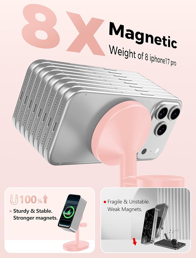 Hevanto 2026 3 in 1 Wireless Charging Station for Apple MagSafe Charger, 15W Fast Mag-Safe Charger Stand for iPhone 17 16 15 14 13 12 Apple Watch AirPods Compatible with MagSafe, Pink