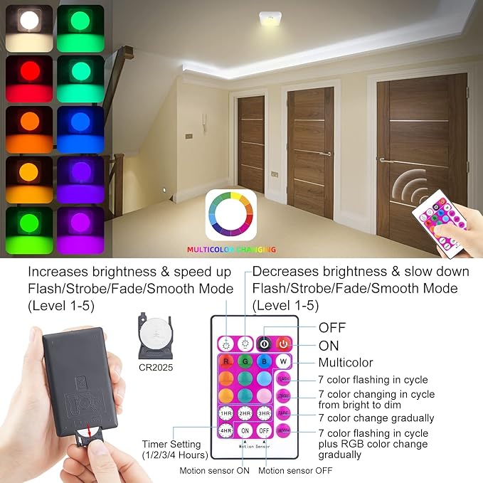 BIGMONAT Motion Sensor Light Battery Operated, Wireless Ceiling Light with Remote, Dimmable Color Changing Light for Shower Closet Pantry Hallway Cabinet Bedroom Dorm Bathroom, 250LMs, 2 Pack