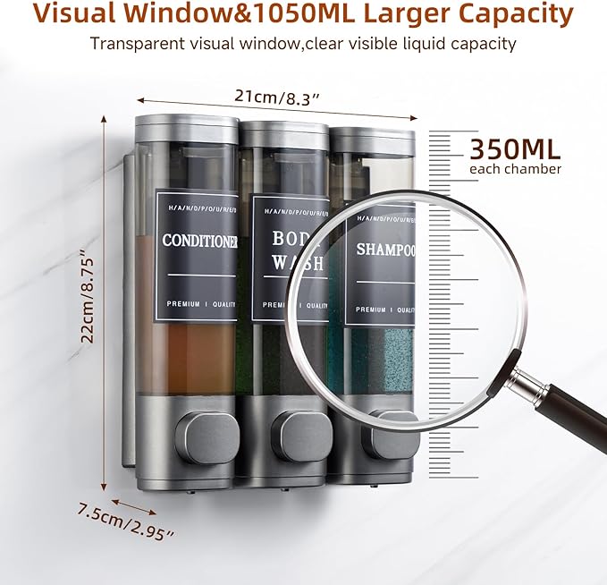 Shampoo and Conditioner Dispenser,Shower Soap Dispenser 3 Chamber No Drill Wall-Mounted Shampoo Dispenser for Shower Wall Mounted Shower Dispenser for Bathroom Hotel Large Capacity,Dark Gray1