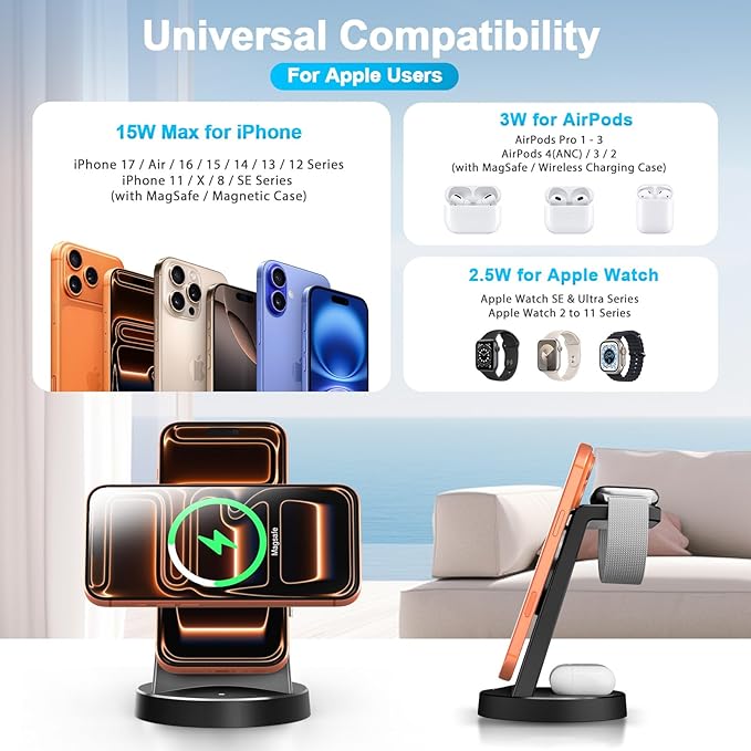 3-in-1 Magnetic Wireless Charger Stand for Apple, 15W Qi2 Fast Charging Station for iPhone 17 16 15 14 13 Pro Max, AirPods, Watch-Desktop Stand with Sleep-Friendly Light, Ideal for Bedside & Desk