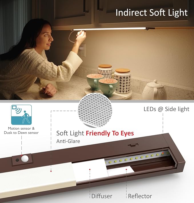 Leetdud Under Cabinet Lighting Motion Sensor Hardwired, 32 Inch 16W Dimmable, 5 CCT 2700/3000/3500/4000/5000K, Eyes Care Design Linkable Under Counter Lights for Kitchen, Sink, ETL Listed, Bronze