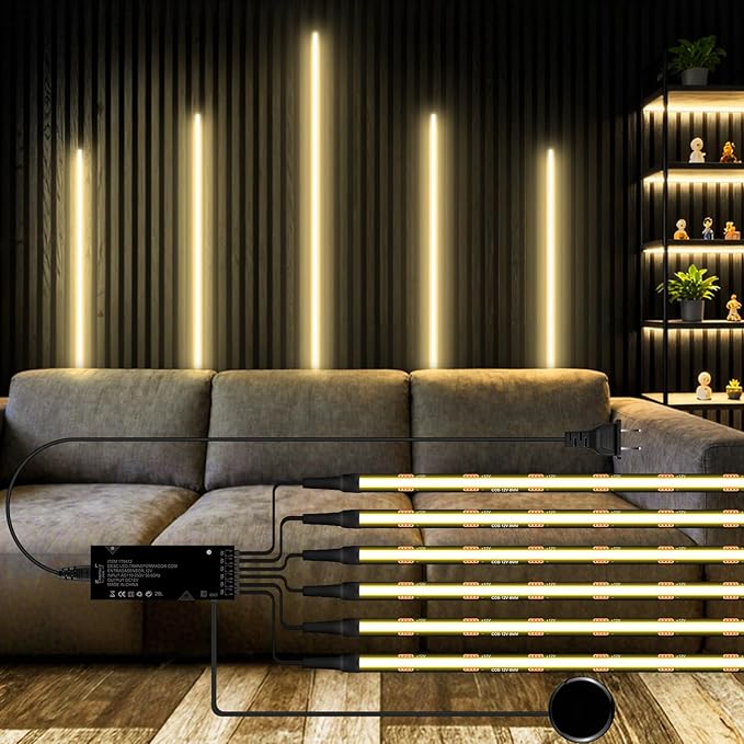 LED Recessed Lighting Kit,6PCS 12V Black COB LED Strip Lights,6.56Ft 4000K with Touch Dimmable Switch Self-Adhesive LED Uner Cabinet Light for Wood Slat Wall Panels, Headboards, Shelves