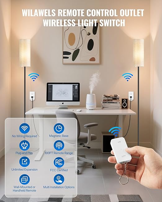 Remote Control Outlet with Two Switches, WILAWELS Wireless Light Switch with Magnetic Base, On Off Remote Outlet Switch, 100ft RF Range, 15A/1875W, Pre-Programmed, FCC Listed W10RC2106