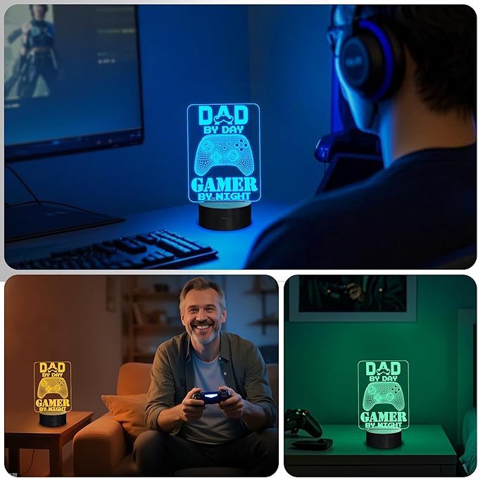 YuanDian Gamer Gifts for Dad, Dad by Day Gamer by Night Funny 3D Illusion Lamp 16 Colors Changing Touch & Remote Control, Desk Decor Gift for Birthday, Christmas, Father’s Day