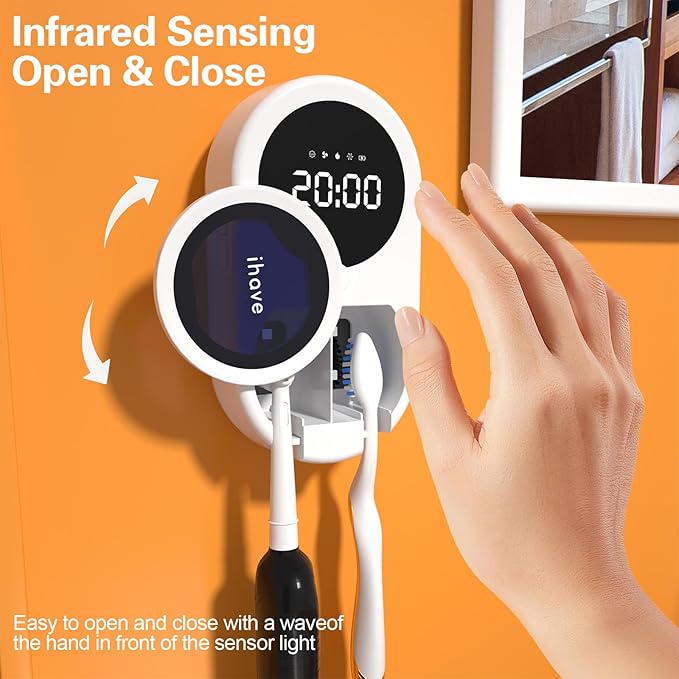 iHave Toothbrush Sanitizer Holder with UVC & 100M Negative Ions: Auto-Cycle for 360° Disinfection, Mold & Odor Removal | USB Toothbrush Holders Wall Mounted with Wave Sensor, LED, Heated & Fan Drying