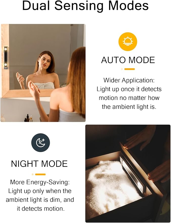 YIGER Under Cabinet Lights, Wireless Motion Sensor Light Indoor,10in LED Warm Lighting Rechargeable Battery Operated,4 Modes Night Light, Stick-On Magnetic Closet Lights for Kitchen, Hallway(2 Pack)