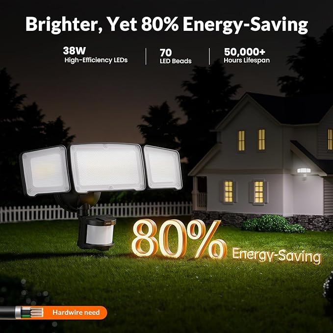 LEPOWER LED Motion Sensor Security Lights, 3 Head Motion Detected, 38W, 4200LM, Waterproof IP65, 5500K, Full Metal for Outdoor, Garage, Porch, Yard (Black)
