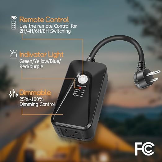GMY Outdoor Dimmer for String Lights, Remote Dimmer Switch with Timer, Dimmer Plug Compatible with Dimmable LED/Tungsten Bulbs，IP44，100FT Range, Max Power 400W, FCC